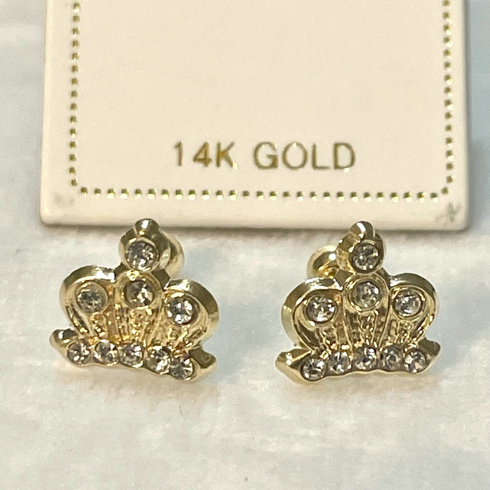 Solid Yellow Gold 14 Karat  Crown Cz Stud 10x12 mm Earring